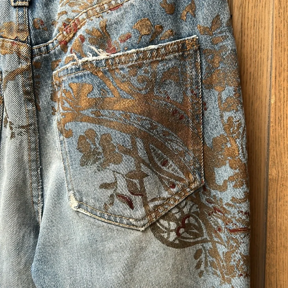 Free People Distressed Gold Paint Stencil Denim Jeans